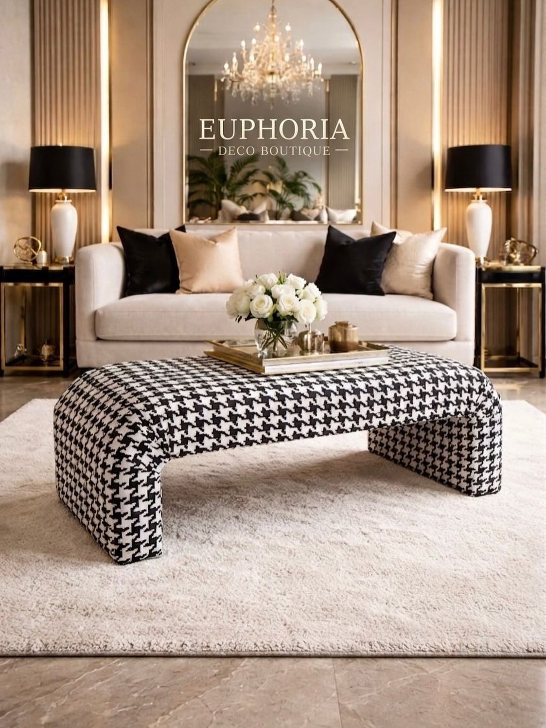 Houndstooth ottoman — sculpted curved silhouette, statement living room piece.
