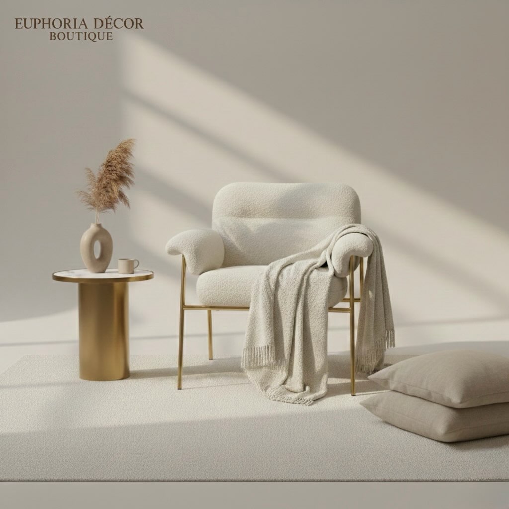A bouclé armchair with a brass side-table and a sculptural vase of pampas.
